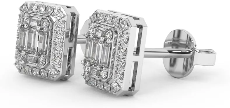 0.32 Cttw Round and Baguette Cut Natural Diamond Square Stud Earrings for Women | 14K White, Rose, Yellow Gold | H-I Color, I1-I2 Clarity
