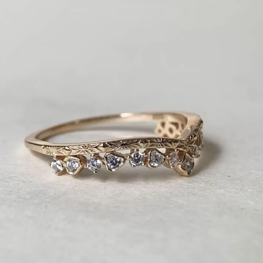 0.50 Ct Round Cut Diamond Vintage Style Artistic Curved Half Eternity Wedding Band Unique Ring For Women 14K Yellow Gold Finish 925 Sterling Silver Handmade Stackable Anniversary Band