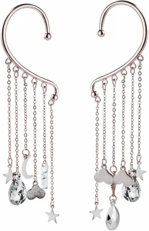 1 Pair Boho Sun, Moon and Stars Hanging Ear Tassel Cuff Earrings Set Angel Tears Pendant Crawling Hook Wrap Earrings Personalized for Women Non Piercing Jewelry