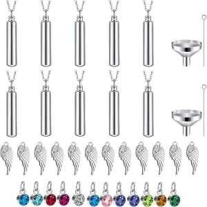 10 Pieces Urn Necklace for Ashes, 10 Pieces Urn Necklace, Stainless Steel Cremation Jewelry for Women Men, Cylinder Memorial Necklaces Keepsake Pendant with Funnel(Silver)