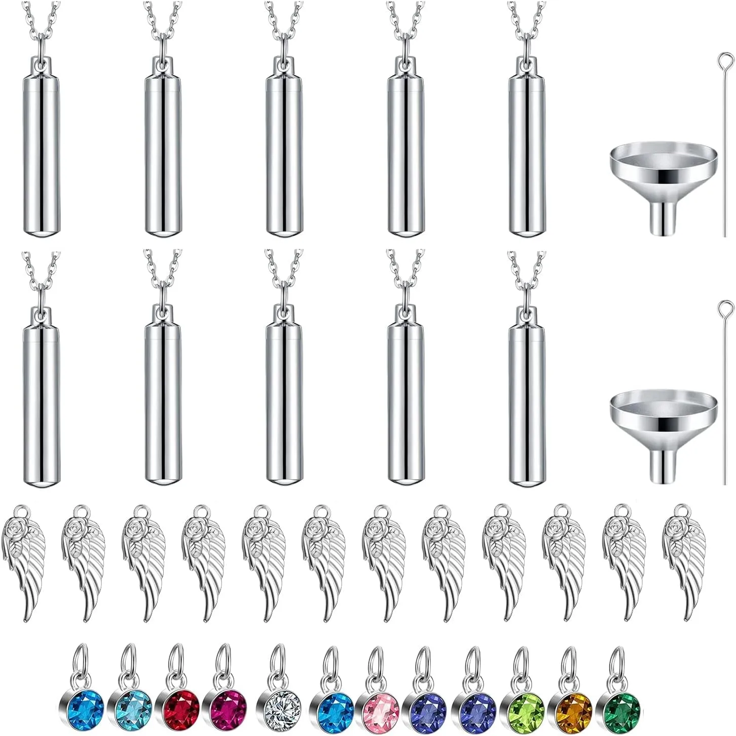 10 Pieces Urn Necklace for Ashes, 10 Pieces Urn Necklace, Stainless Steel Cremation Jewelry for Women Men, Cylinder Memorial Necklaces Keepsake Pendant with Funnel(Silver)