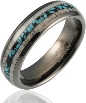 100S JEWELRY 6mm Gunmetal Tungsten Rings for Men & Women: Unique Turquoise & Antler Inlay - Durable Wedding, Engagement, Promise Band - Available in Sizes 6-13