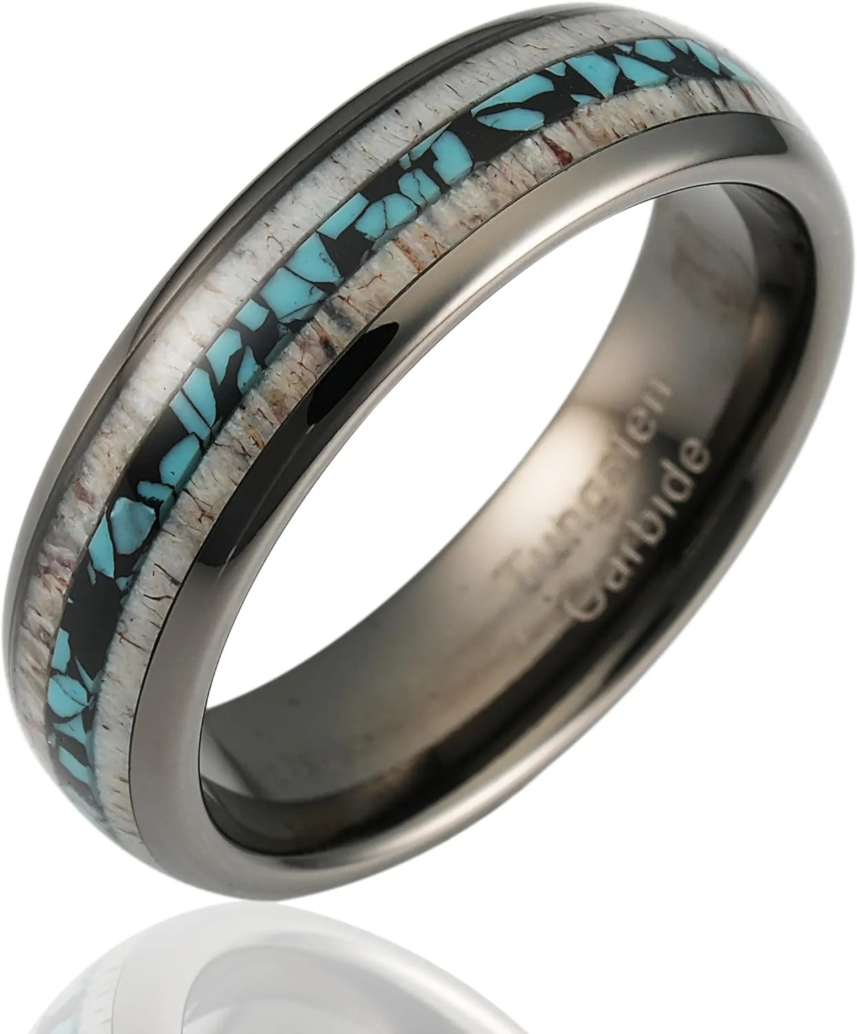 100S JEWELRY 6mm Gunmetal Tungsten Rings for Men & Women: Unique Turquoise & Antler Inlay - Durable Wedding, Engagement, Promise Band - Available in Sizes 6-13