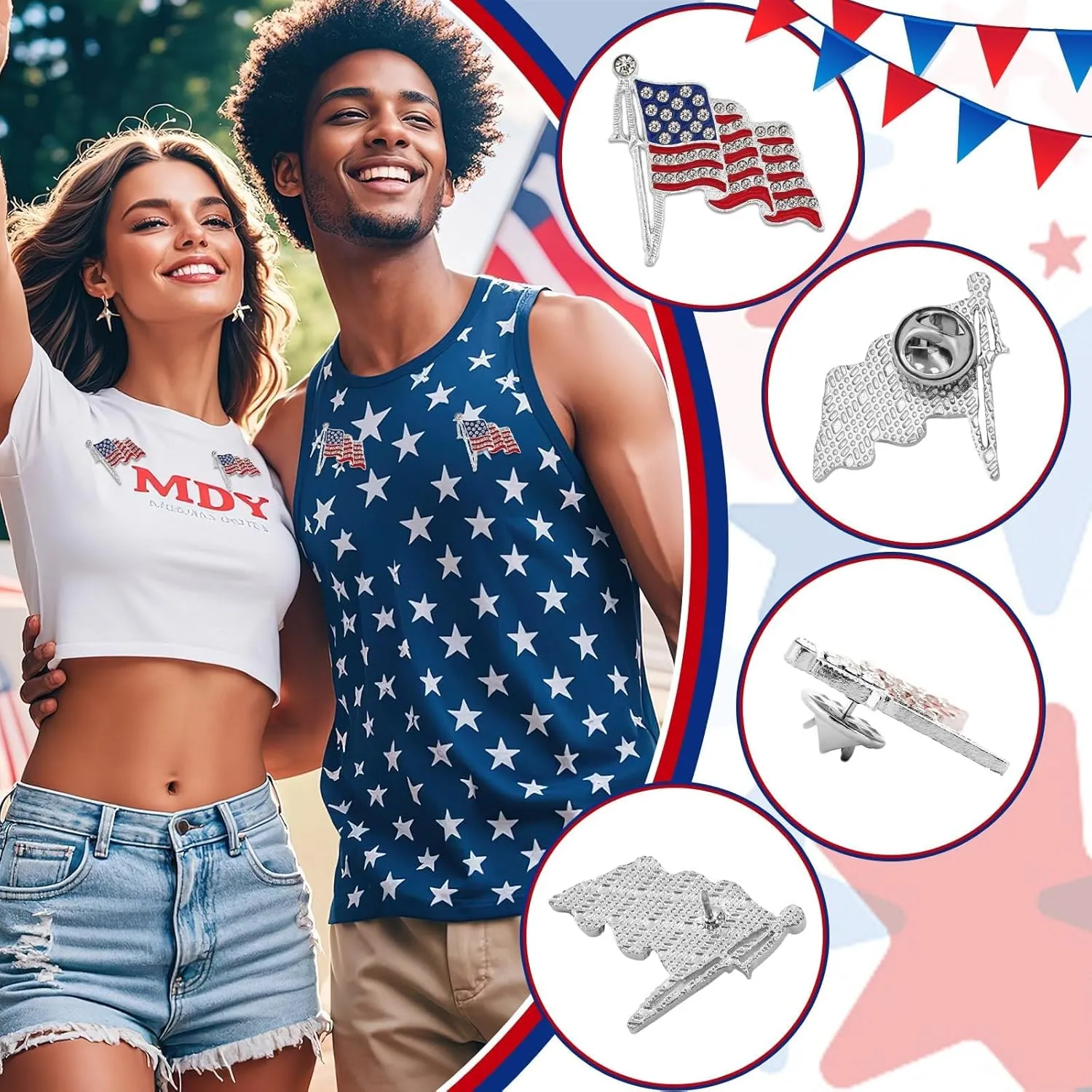 12 PCS American Flag Brooch Rhinestone Crystal Patriotic Lapel Pins USA Waving Flag Badges Pins For Memorial Veteran Day 4th of July Independence Day Events Gift Clothes Bags Backpack Decor
