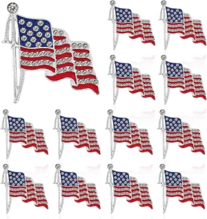 12 PCS American Flag Brooch Rhinestone Crystal Patriotic Lapel Pins USA Waving Flag Badges Pins For Memorial Veteran Day 4th of July Independence Day Events Gift Clothes Bags Backpack Decor
