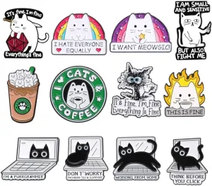 12PC Cat Pins Enamel Brooch Pin Black Orange Cats Bulk for Women Adult Cats Lady Veterinarian Jacket Bagpack Lapel Push Animal Coffee This is Fine Button Badge Cute Fun Funny Cartoon Novelty Gift