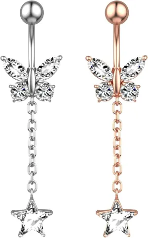 14G Belly Button Rings Stainless Steel Dangle Belly Navel, 2Pcs Navel Ring Unique Cubic Zirconia Long Belly Button Ring Dangling Butterfly