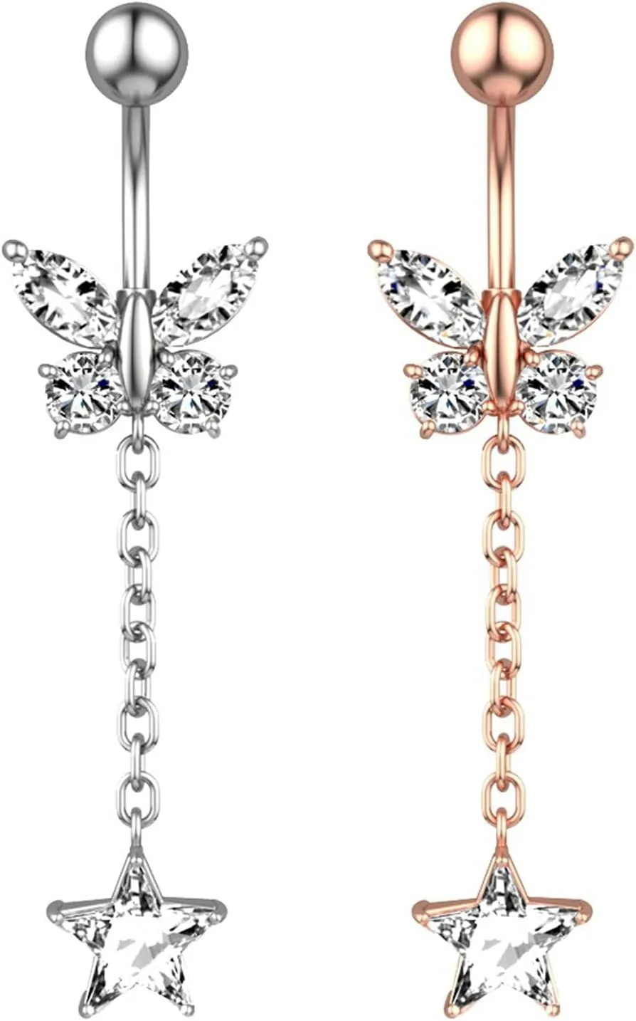 14G Belly Button Rings Stainless Steel Dangle Belly Navel, 2Pcs Navel Ring Unique Cubic Zirconia Long Belly Button Ring Dangling Butterfly