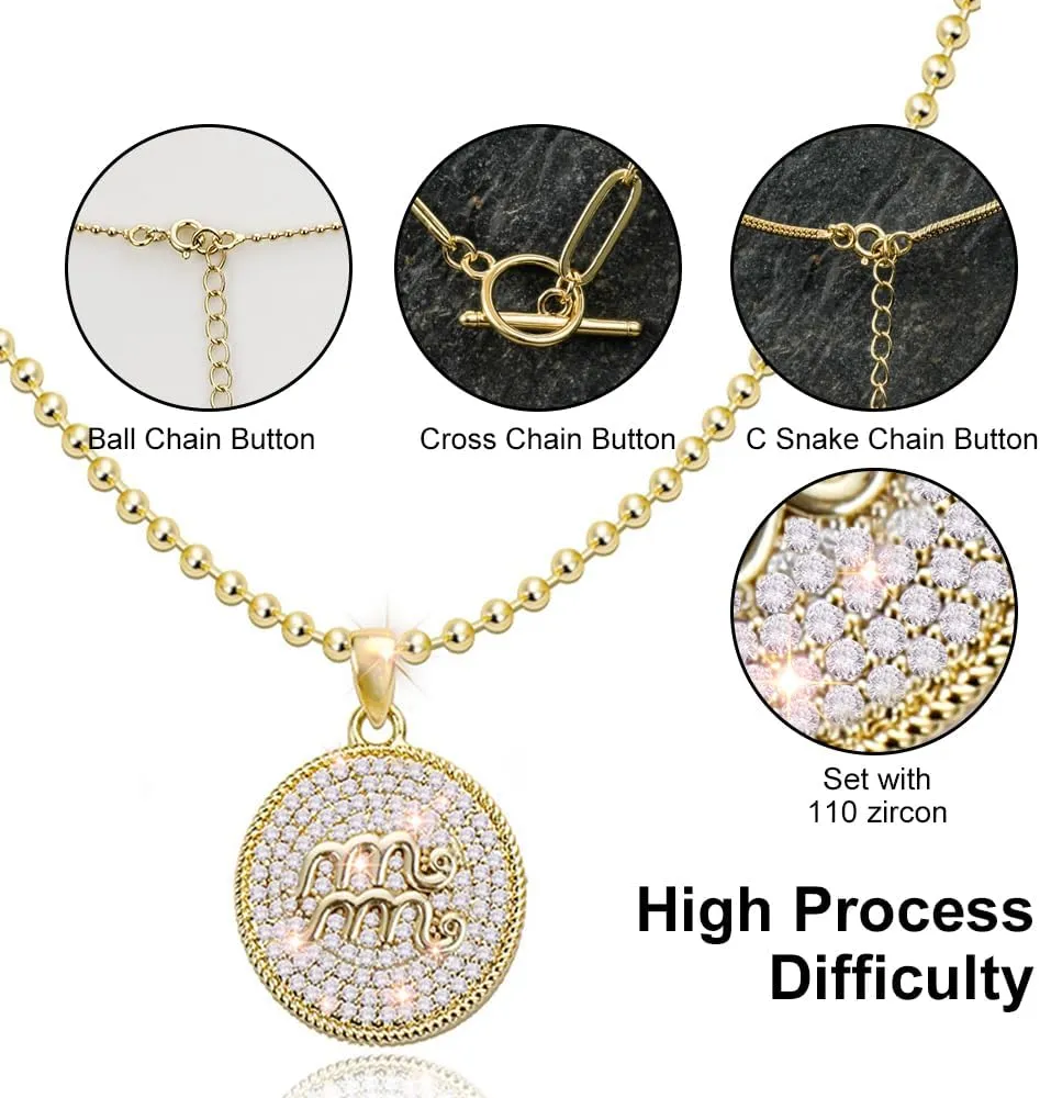 14K Gold Layered Necklace for Women | Zodiac Constellation Pendant | Paperclip, Snake & Ball Chain Necklace | Trendy Statement Jewelry 12 Constellation