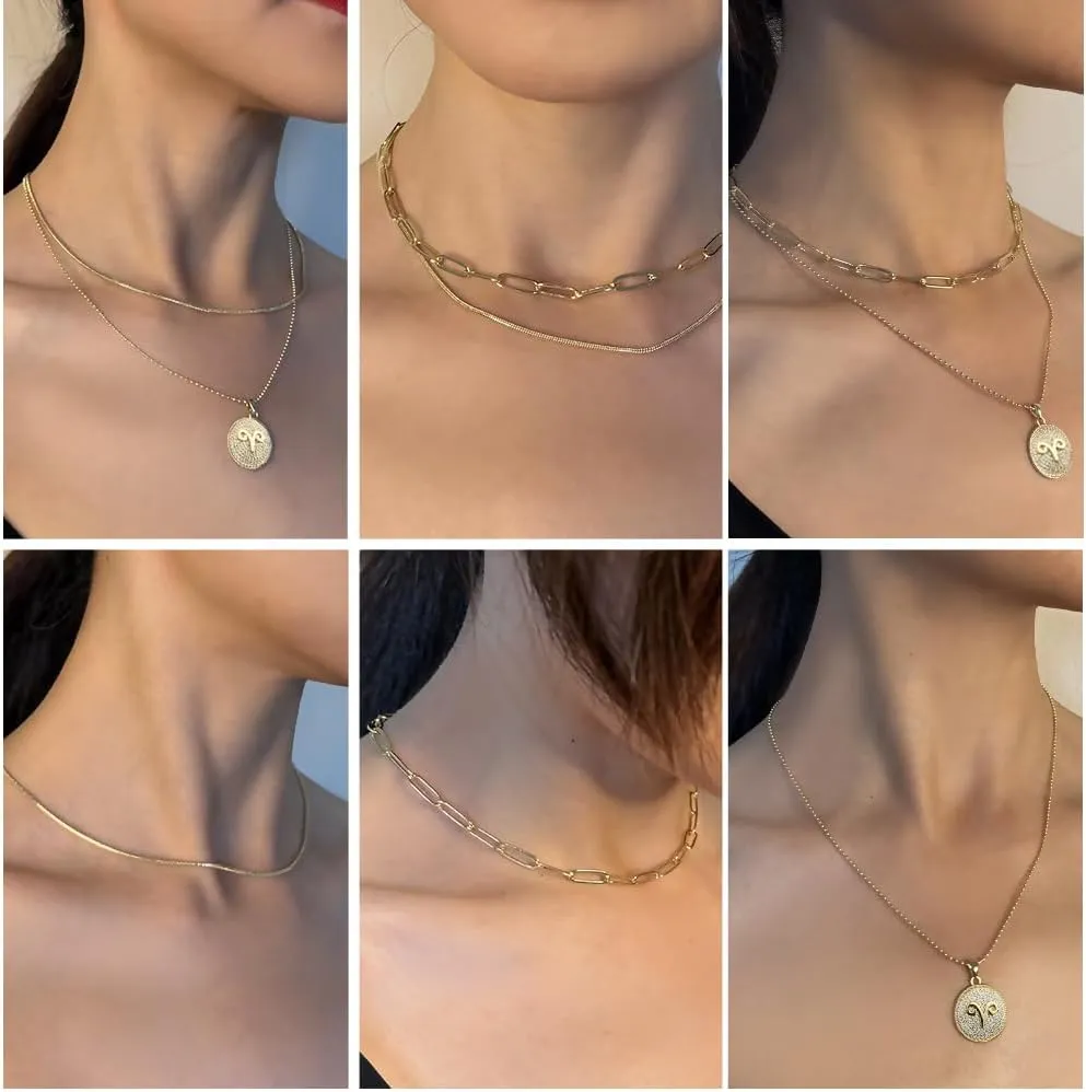 14K Gold Layered Necklace for Women | Zodiac Constellation Pendant | Paperclip, Snake & Ball Chain Necklace | Trendy Statement Jewelry 12 Constellation