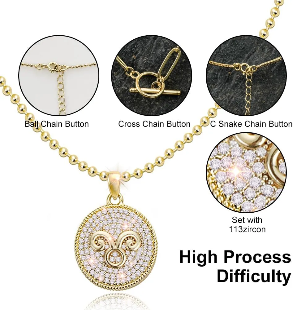 14K Gold Layered Necklace for Women | Zodiac Constellation Pendant | Paperclip, Snake & Ball Chain Necklace | Trendy Statement Jewelry 12 Constellation