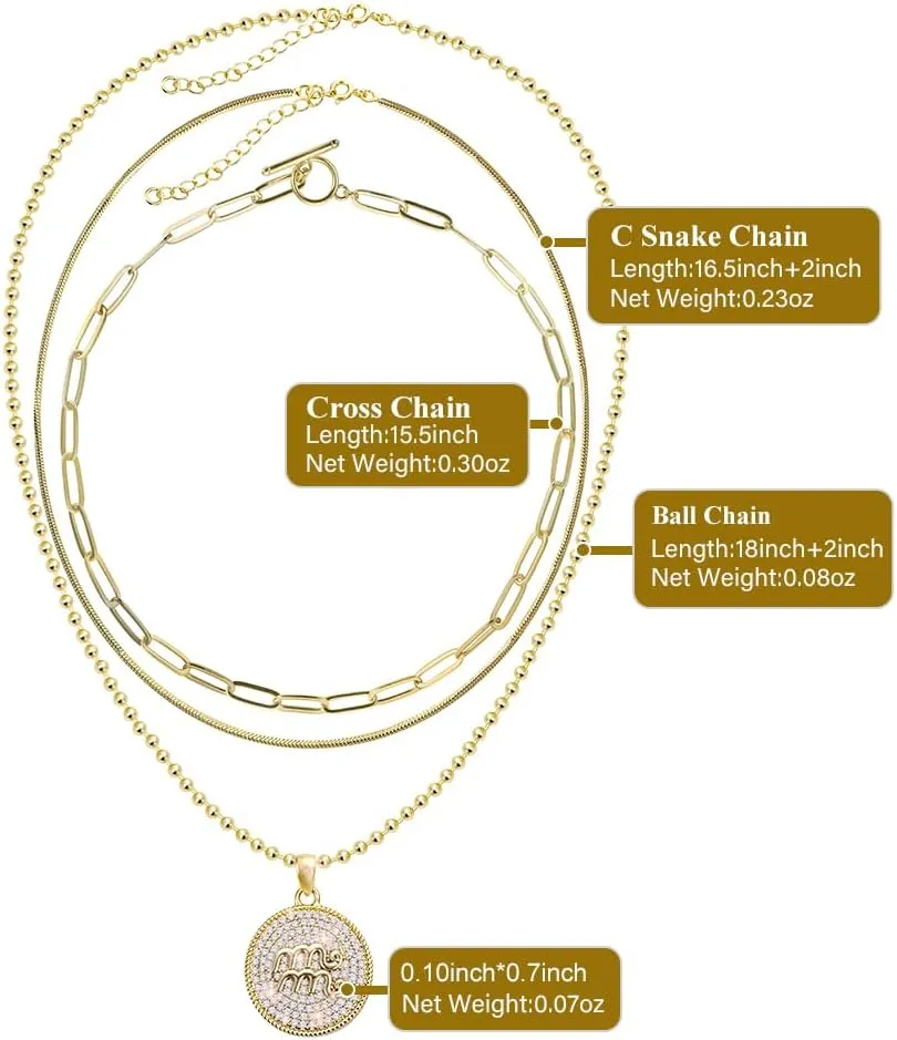 14K Gold Layered Necklace for Women | Zodiac Constellation Pendant | Paperclip, Snake & Ball Chain Necklace | Trendy Statement Jewelry 12 Constellation