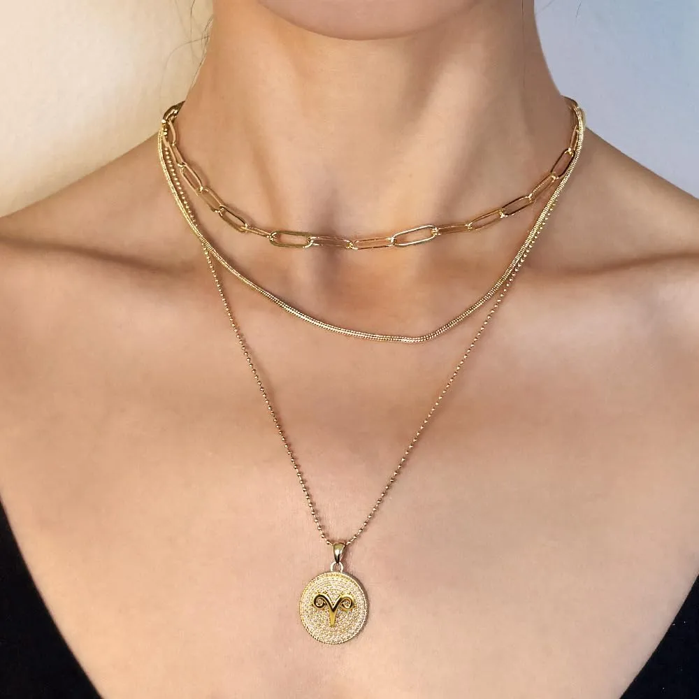 14K Gold Layered Necklace for Women | Zodiac Constellation Pendant | Paperclip, Snake & Ball Chain Necklace | Trendy Statement Jewelry 12 Constellation