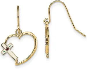 14k Gold Love Heart With Enamel Religious Faith Cross Wire Earrings Cut out 20.9x13.7mm Wide Stud Earring for Women