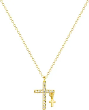 14K Gold Plated Dainty Cute Double Cross Necklace for Women Simple CZ Pendant Necklace Chocker Small Diamond Cross Necklaces Trendy Everyday Jewelry