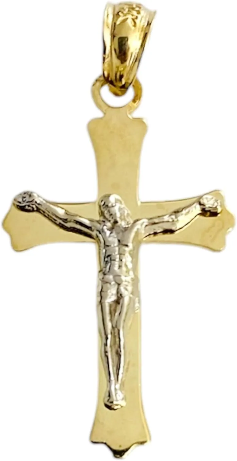 14K Solid Gold Crucifix Charm Pendant, 14K Two Tone Gold Jesus Christ Cross Pendant.