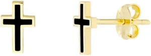 14k Yellow Gold Black enamel Religious Faith Cross Stud Earrings-Stud Earring for Women