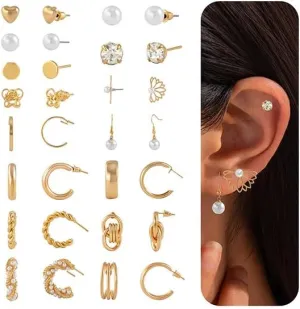 15 Pairs Small Gold Hoop Earrings Set Gold Chunky Plated Huggie Earrings for Women Set Flat Back Pearl with CZ Cartilage Earrings Charm Chunky Open Hoops Earring Multiple Piercing Jewelry
