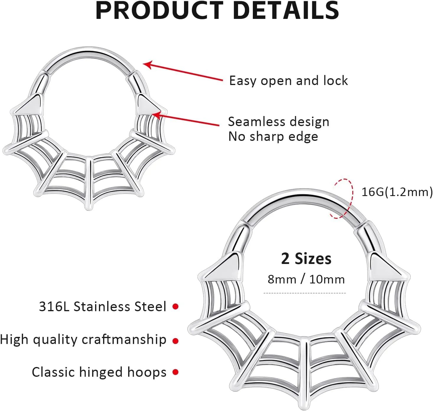 16G Spider Web Cartilage Earring Halloween Septum Rings Goth Punk Unique Earrings Ear Helix Piercing earrings Gothic Jewelry Costumes Accessories for Women Men