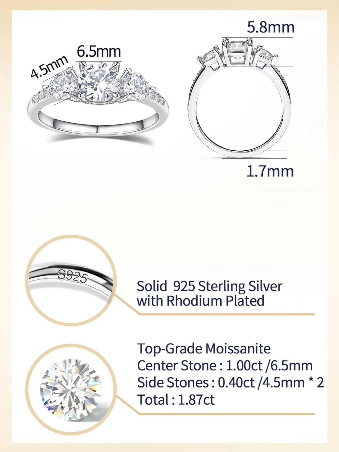 1.87 Carat Moissanite Three-Stone Rings for Women, Solid 925 Sterling Silver, Size 4-11, Wedding Bands Engagement Promise Aniversary Ring, Birthday Valentines Mothers Day Ideal Gift for Her