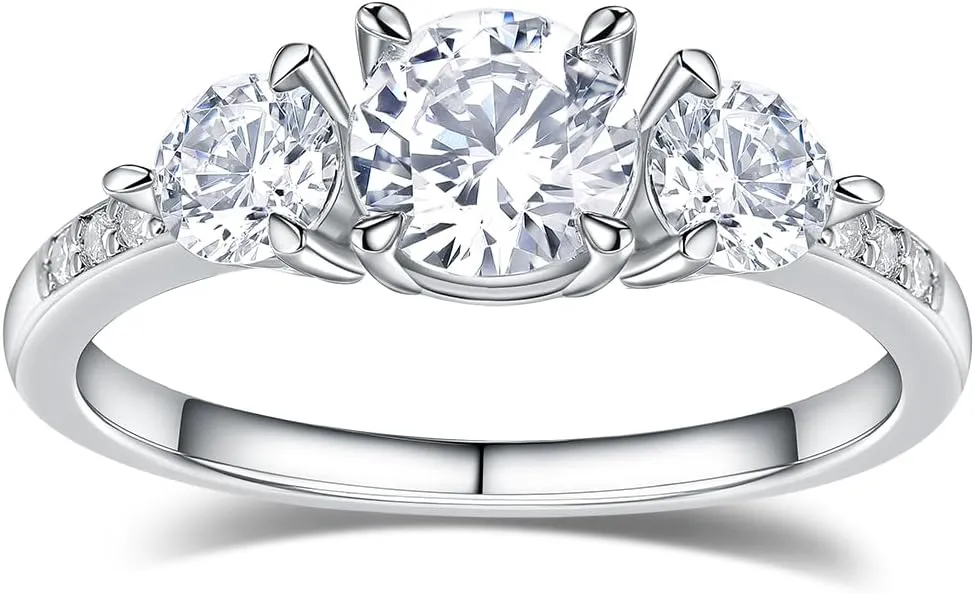 1.87 Carat Moissanite Three-Stone Rings for Women, Solid 925 Sterling Silver, Size 4-11, Wedding Bands Engagement Promise Aniversary Ring, Birthday Valentines Mothers Day Ideal Gift for Her