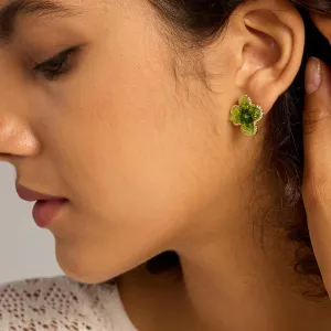 18K Gold-Plated Clover Stud Earrings with Green Crystals  Elegant Flower Design  Perfect Fashion Jewelry for Women