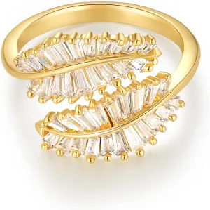 18K Gold Plated CZ Open Ring Double Leaf Wrap Rings Adjustable | CZ Stacking Ring in Gold | Unique Statement Ring Cocktail Party Ring Hypoallergenic