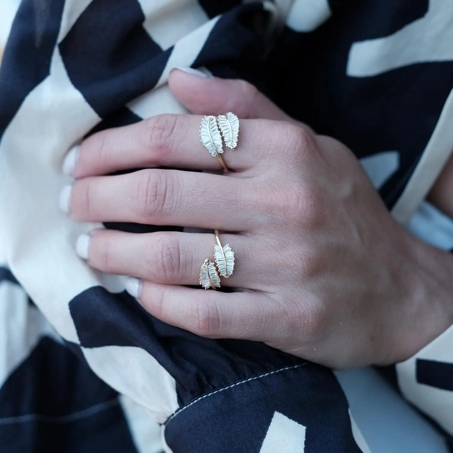 18K Gold Plated CZ Open Ring Double Leaf Wrap Rings Adjustable | CZ Stacking Ring in Gold | Unique Statement Ring Cocktail Party Ring Hypoallergenic