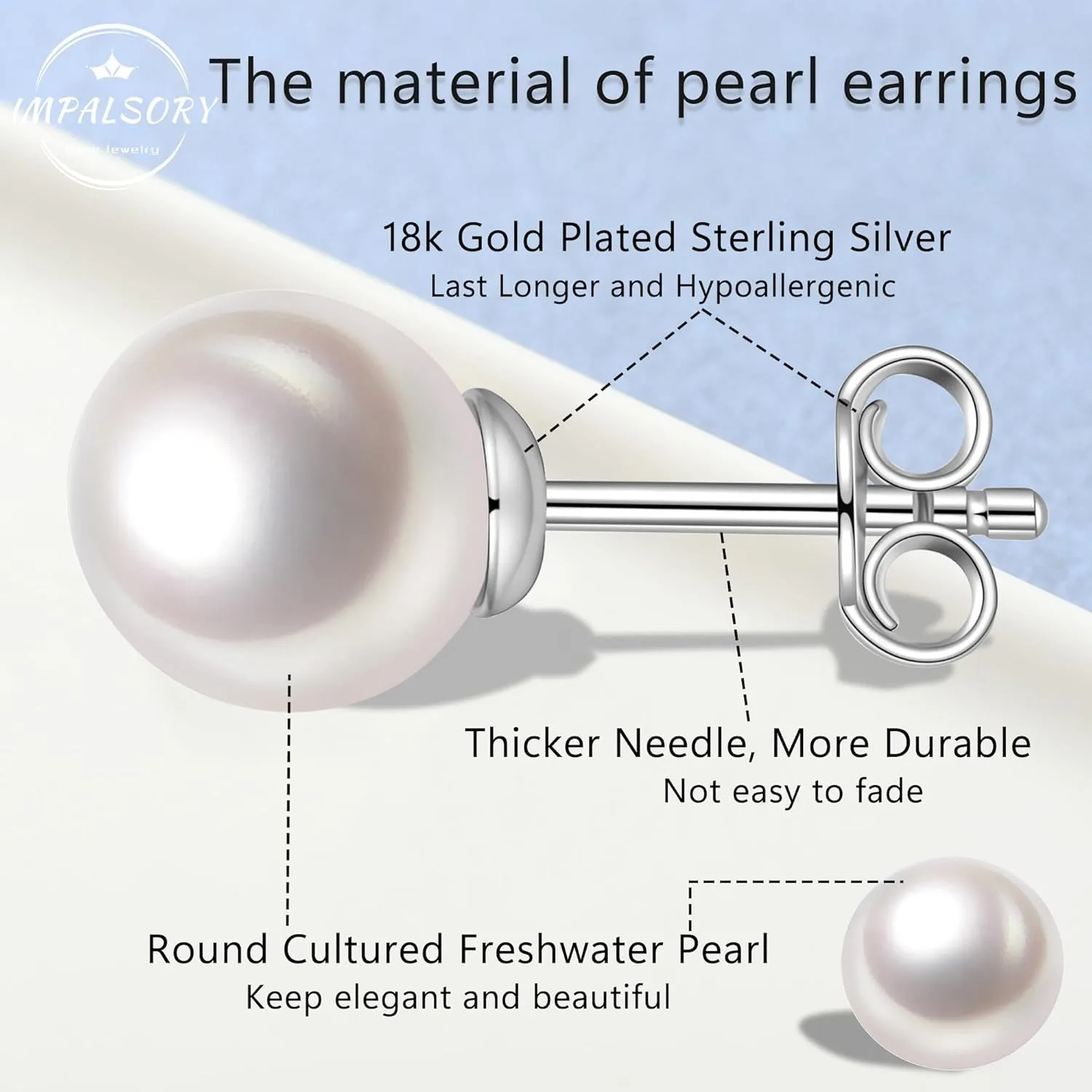 18K Gold Plated Round White Freshwater Cultured Pearl Earrings Studs for Women