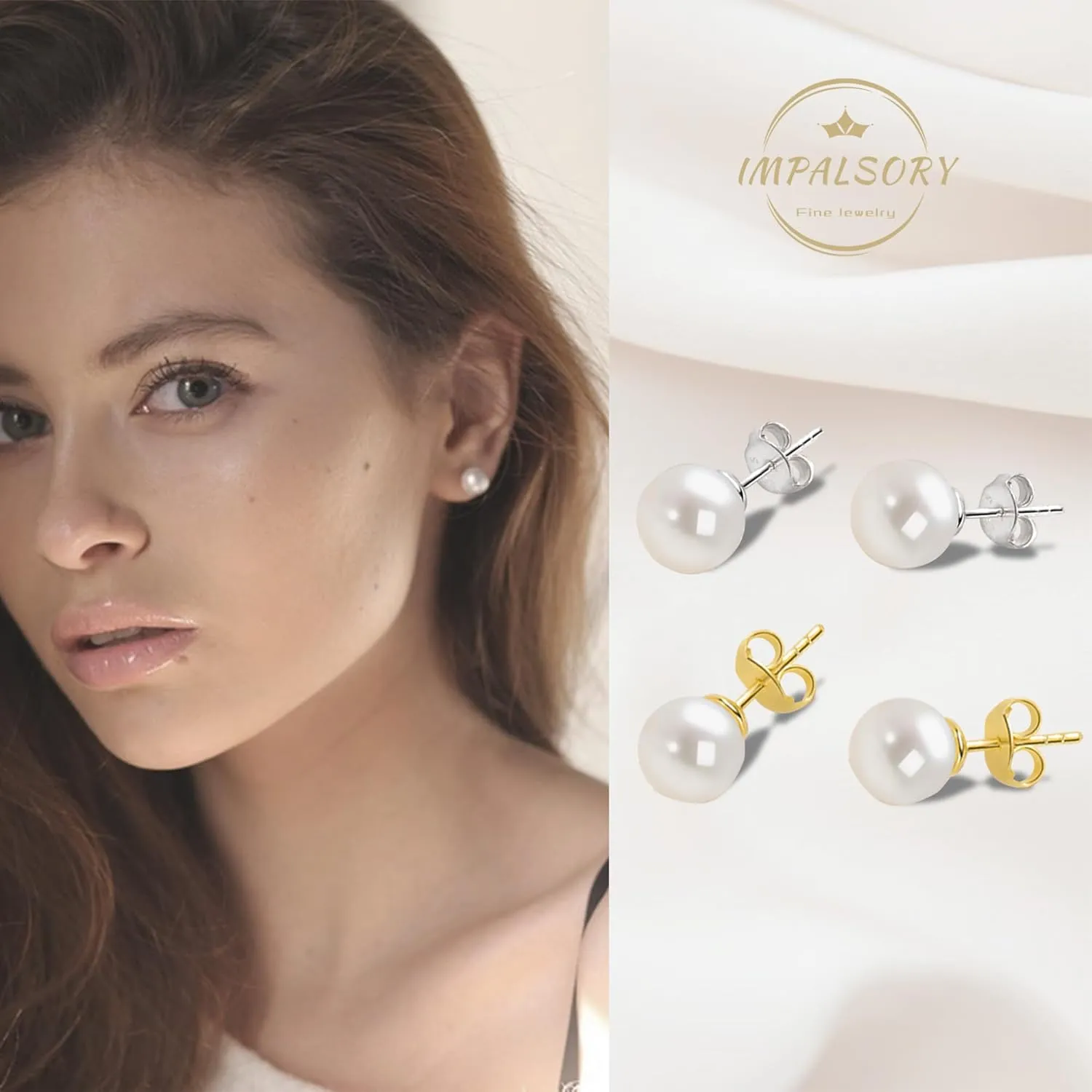 18K Gold Plated Round White Freshwater Cultured Pearl Earrings Studs for Women