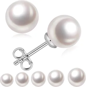18K Gold Plated Round White Freshwater Cultured Pearl Earrings Studs for Women