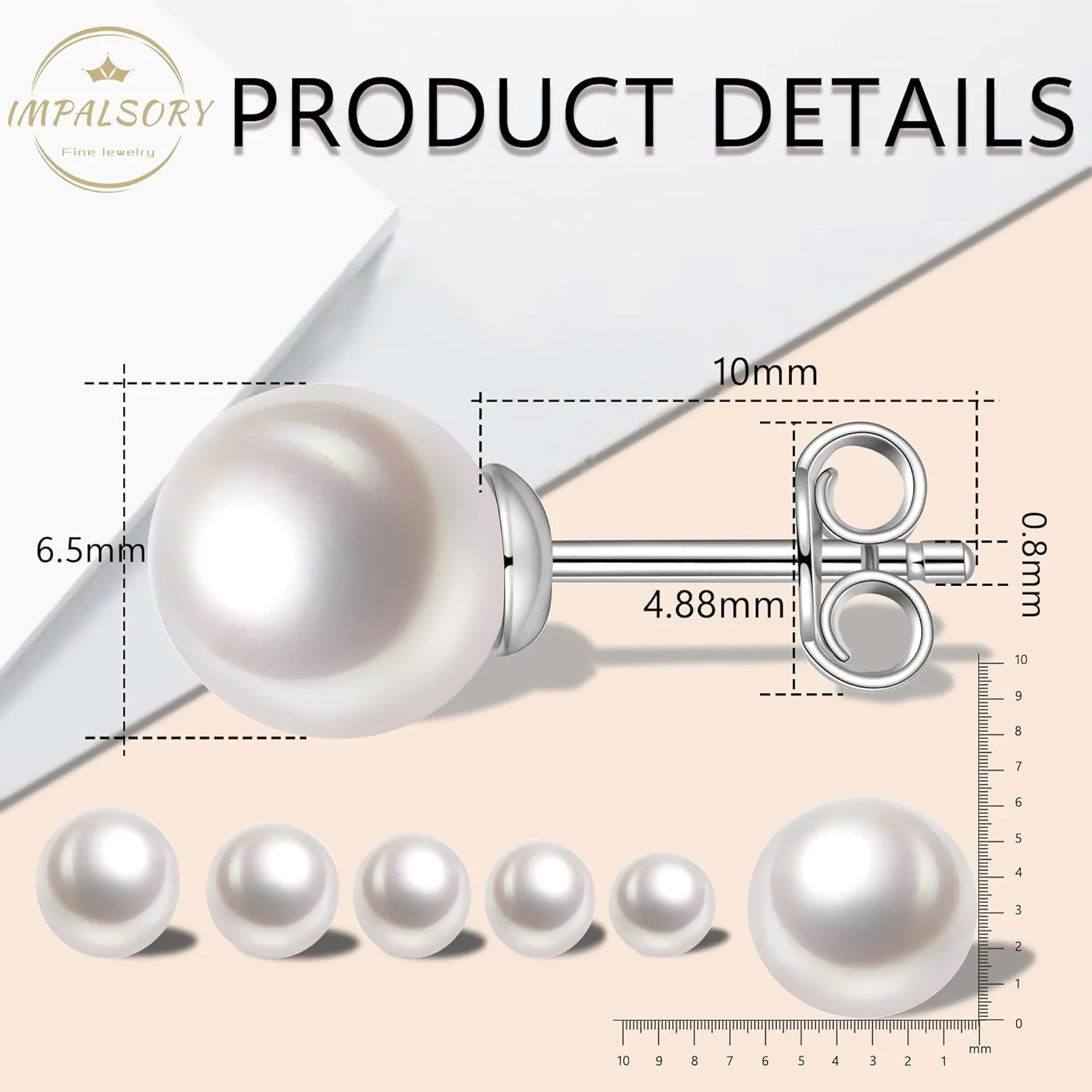 18K Gold Plated Round White Freshwater Cultured Pearl Earrings Studs for Women
