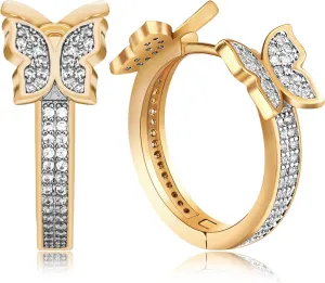 18k Gold Women's Small Gold Butterfly Hoop Earrings, Shining White Cubic Zirconia Geometry Beads Butterfly, Simple Lightweight Hoops Gift for Women