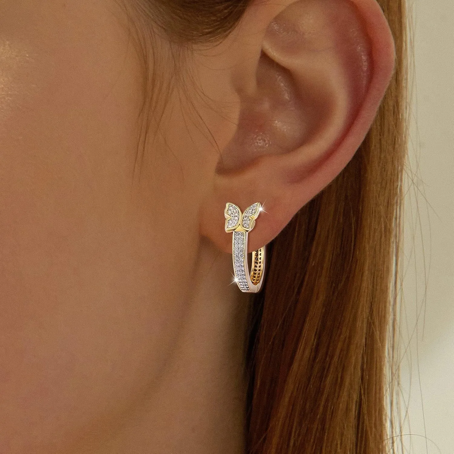 18k Gold Women's Small Gold Butterfly Hoop Earrings, Shining White Cubic Zirconia Geometry Beads Butterfly, Simple Lightweight Hoops Gift for Women