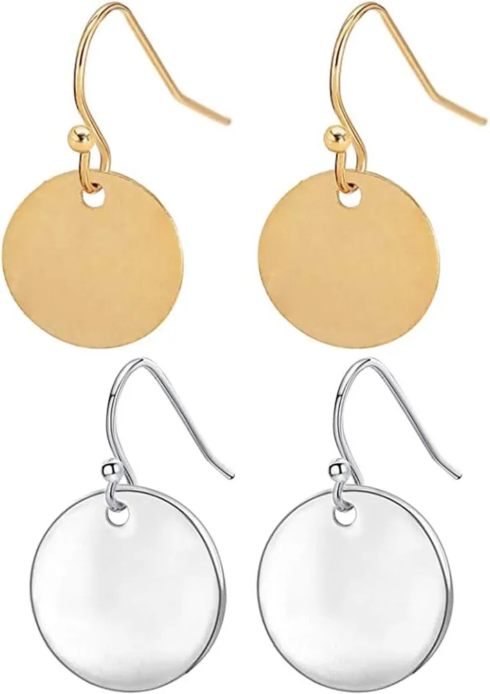 2 pair Gold Circle Disc Dangle Drop Earrings for Women Lightweight Small Round Hoop Statement Earrings Minimalist Jewelry for Girls Gift for Her