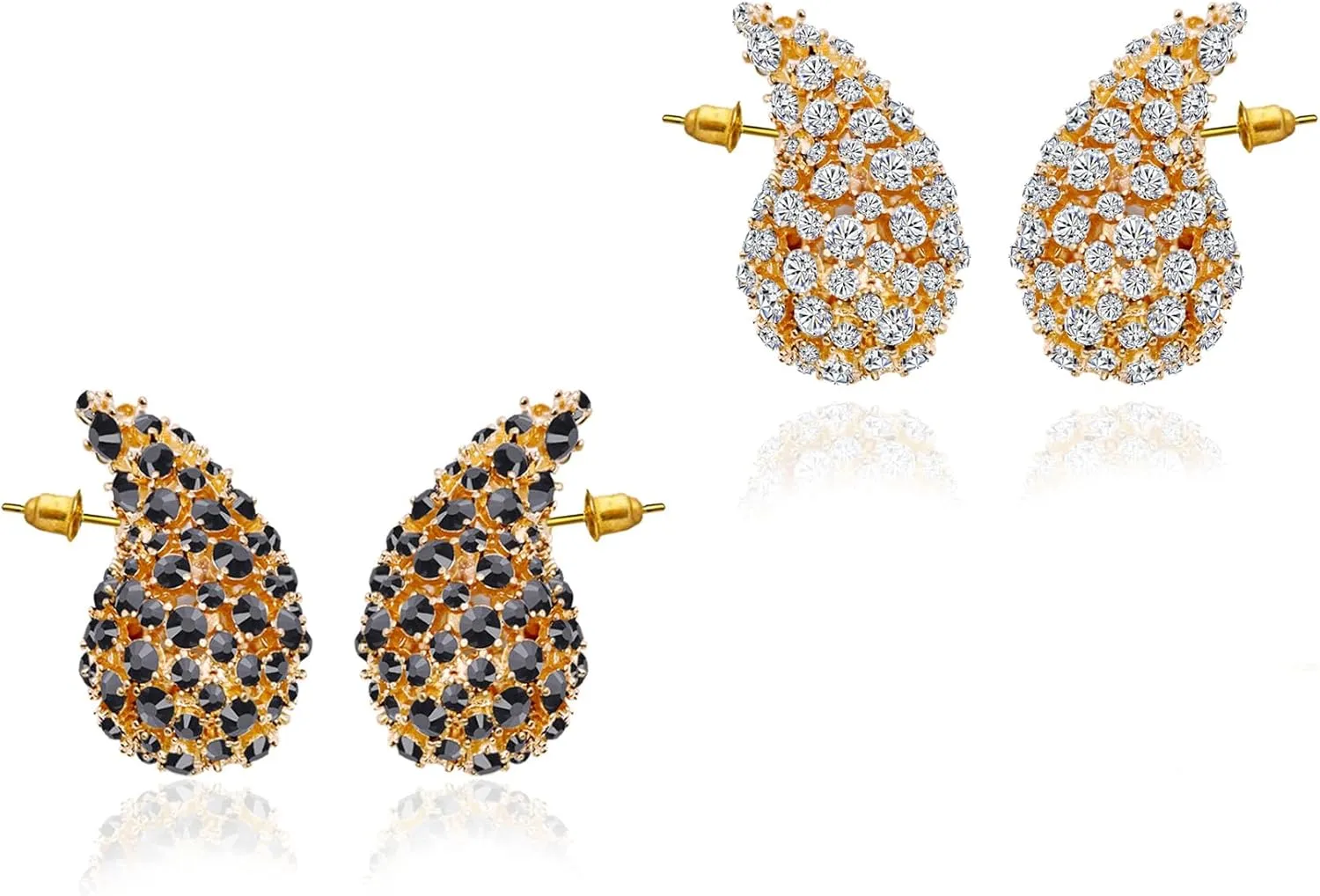 2 Pairs Gold Rhinestone Chunky Hoop Earrings Set Extra Large Hollow Crystal Teardrop Earring Fashion Jewelry for Women Black White