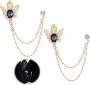 2 Pcs Lapel Pin for Men Suit Brooch for Men Suit Accessories Hanging Chain Brooch Stone Mental Collar Pins Career Vintage Rhinestone Lapel Pin Badge for Women Stud Tuxedo Hat (Blue and Black)