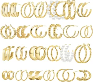 24 Pairs 14K Gold Hoop Earrings Set for Women.Hypoallergenic Statement Earring Multipack Pearl Chunky Chain Twisted Hoop Earrings Pack