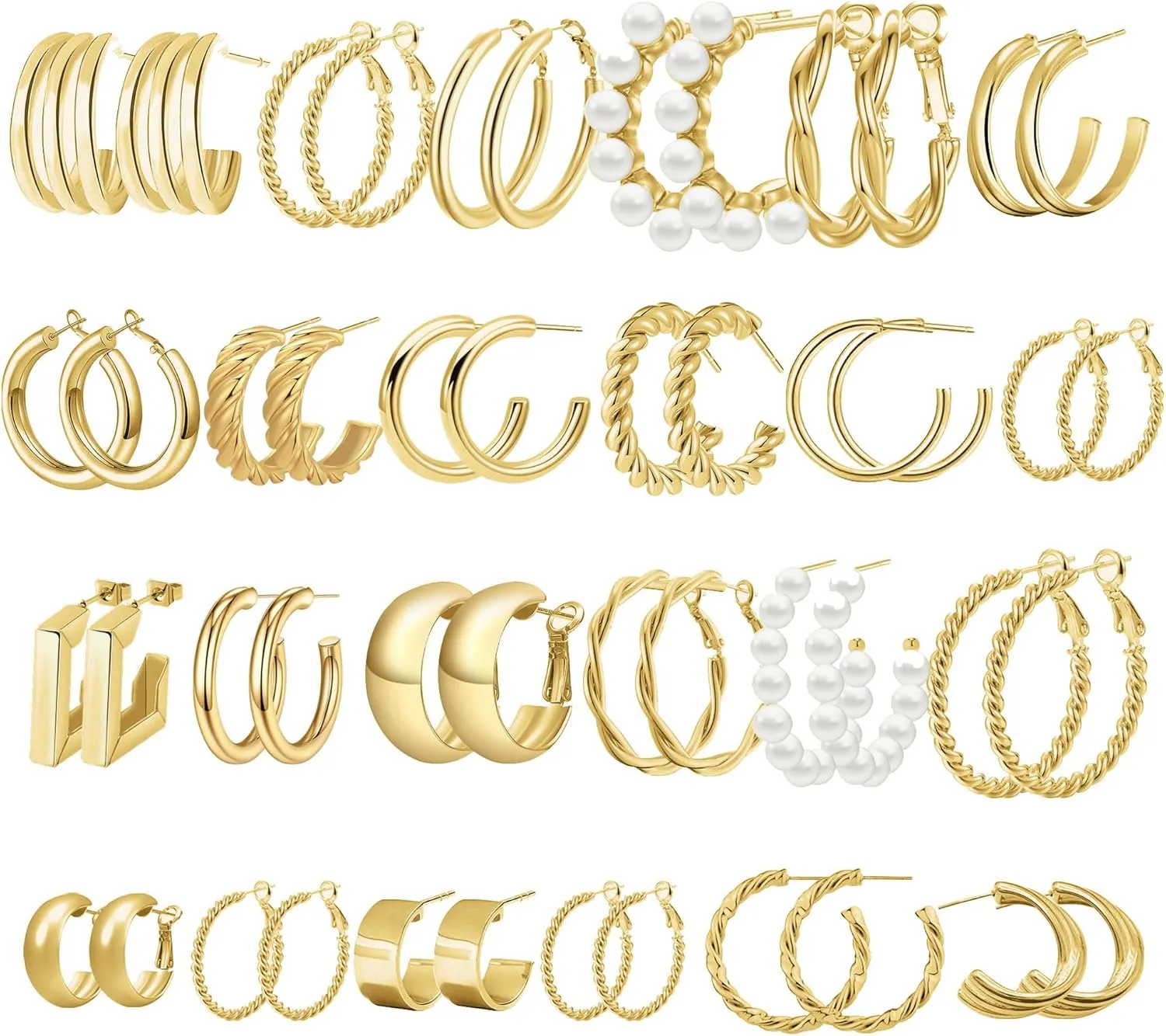 24 Pairs 14K Gold Hoop Earrings Set for Women.Hypoallergenic Statement Earring Multipack Pearl Chunky Chain Twisted Hoop Earrings Pack