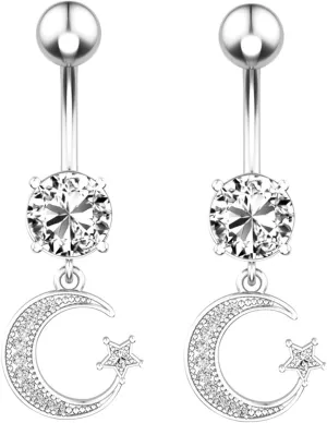 2Pcs 14G Belly Button Rings Surgical Stainless Steel, Unique Navel Rings for Women Silver Moon Star White Cubic Zirconia