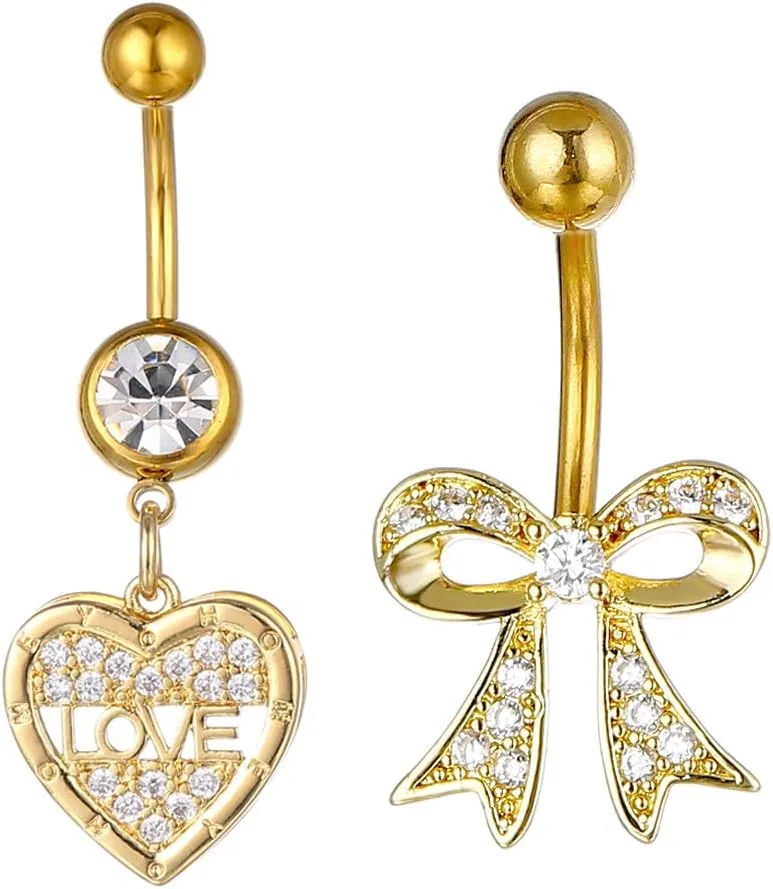 2Pcs 14G Heart Bow Belly Button Rings 316L Stainless Steel Cubic Zirconia Belly Navel Curved Barbell Letter Love Bowknot Belly Piercing Jewelry for Women