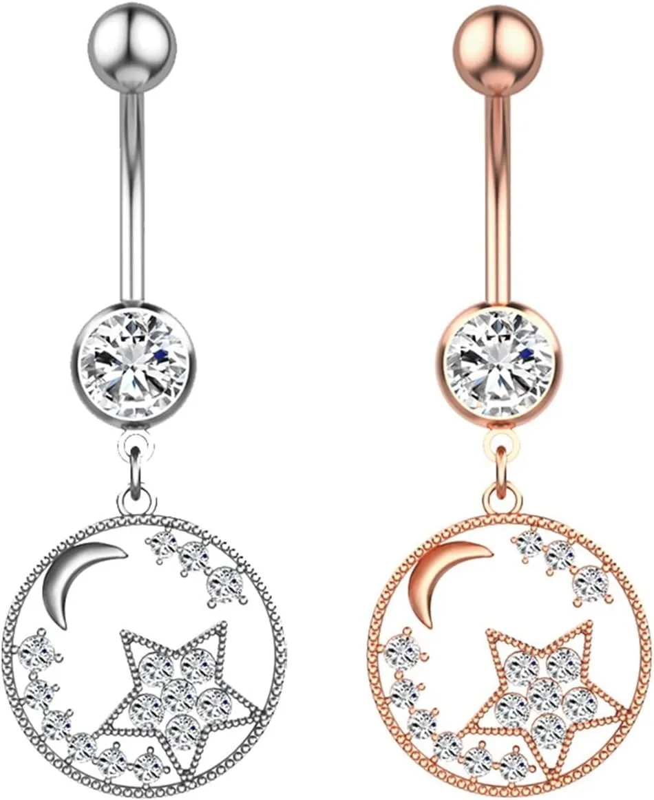 2Pcs Belly Button Rings Dangle Surgical Steel, Unique Navel Rings for Women Silver Rose Gold Five-Pointed Star with Cubic Zirconia