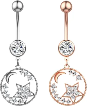2Pcs Belly Button Rings Dangle Surgical Steel, Unique Navel Rings for Women Silver Rose Gold Five-Pointed Star with Cubic Zirconia