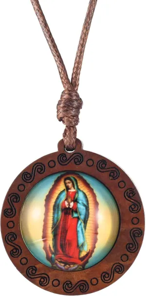 2pcs Santa Maria de Guadalupe Pendant Necklace, Hand Painted Wooden Crucifix with Cross and Virgin Mary, Religious Gift for Women