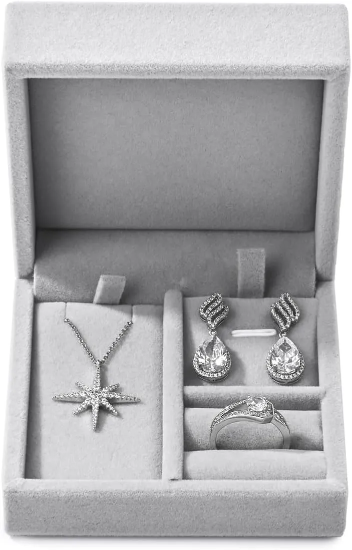 3 in 1 Velvet Jewelry Set Gift Box Earring Gift Box Ring Necklace Boxes Small Jewelry Storage Boxes for Travel Birthday Mother's Day Valentine's Day Gifts(Grey)