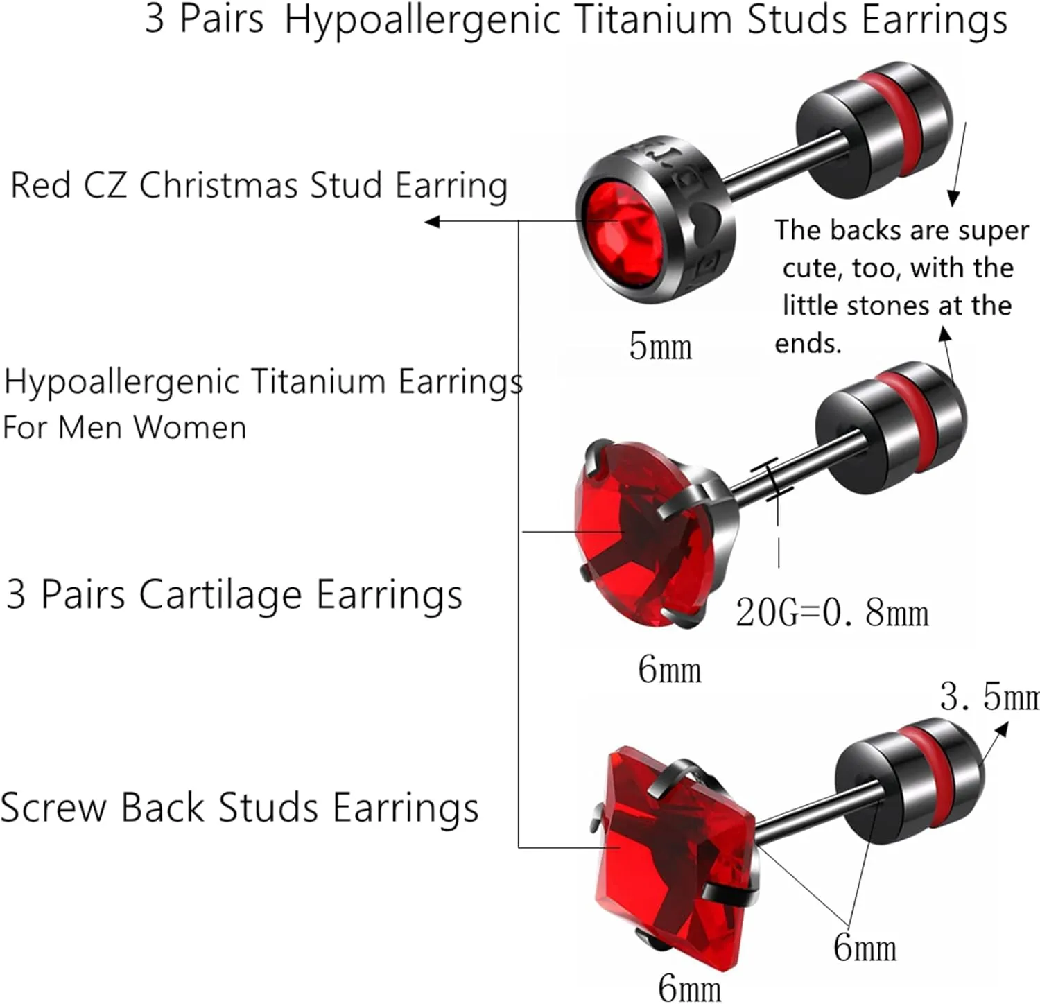 3 Pairs Titanium Screw Back Earrings for Women Men, Hypoallergenic Square Round Cubic Zirconia Flat Earrings Set Double Side Earrings Piercing Sleeper Studs Jewelry for Sensitive Ears