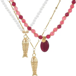 3Pcs Fish Charm Choker Necklace for Women, Delicate Beaded with Pearls Gold Plated Fish Pendant Necklace Minimalist Simple Cute Jewelry Gift
