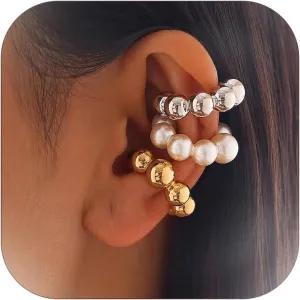 3Pcs Gold Ear Cuffs Earrings for Women Pearl Huggie Earrings Chunky Gold/White/Silver Non Pierced Cartilage Clip On Earrings Open Wrap Hoop Beaded Earrings Dainty Small Hoop Jewelry Gift
