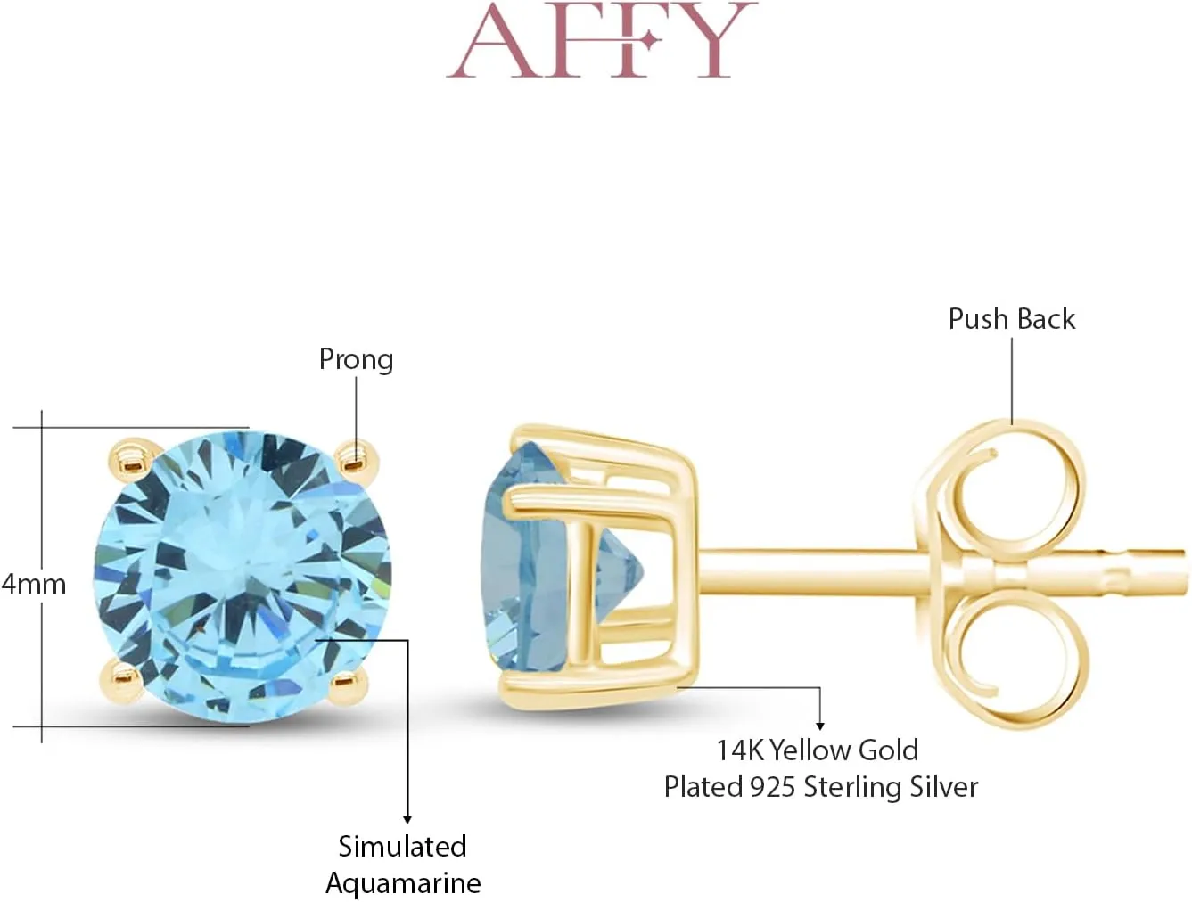 4MM Round Shaped Simulated Birthstone Stud Earrings Prong Setting Push Back Earrings In 14K Gold Over Sterling Silver (0.5 Ct), Jewelry Gift For Her