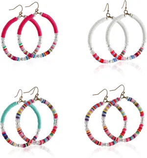 4pairs Boho Surfer Heishi Beaded Round Drop Dangle Earrings Set African Vinyl Disc Colorful Hoop Summer Lightweight Handmade Bohemian Beach Jewelry